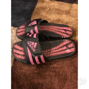 Black and pink adidas sandals
